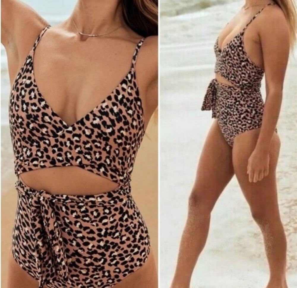 Aerie Leopard Print Wrap One Piece Swimsuit Full Coverage Size Medium